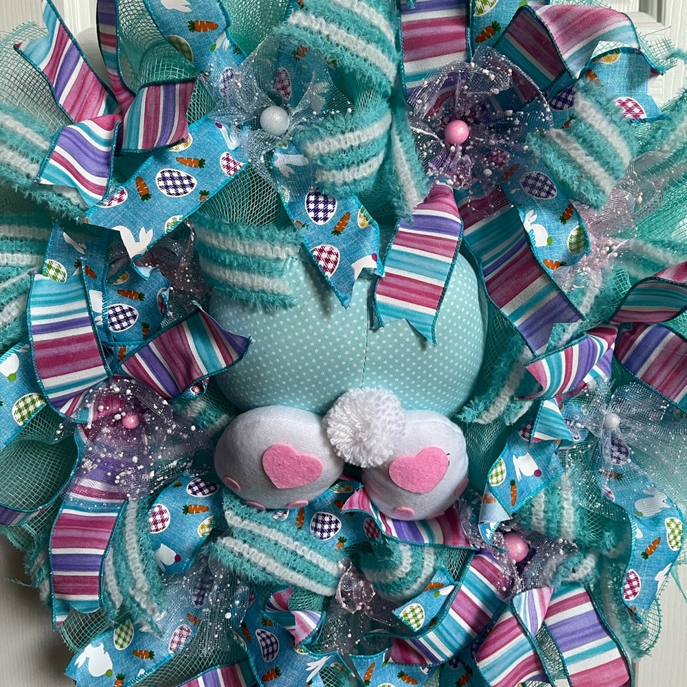 Happy Easter Bunny Butt 24” 24 In Spring Door Wreath Aqua Blue Fireplace Decor